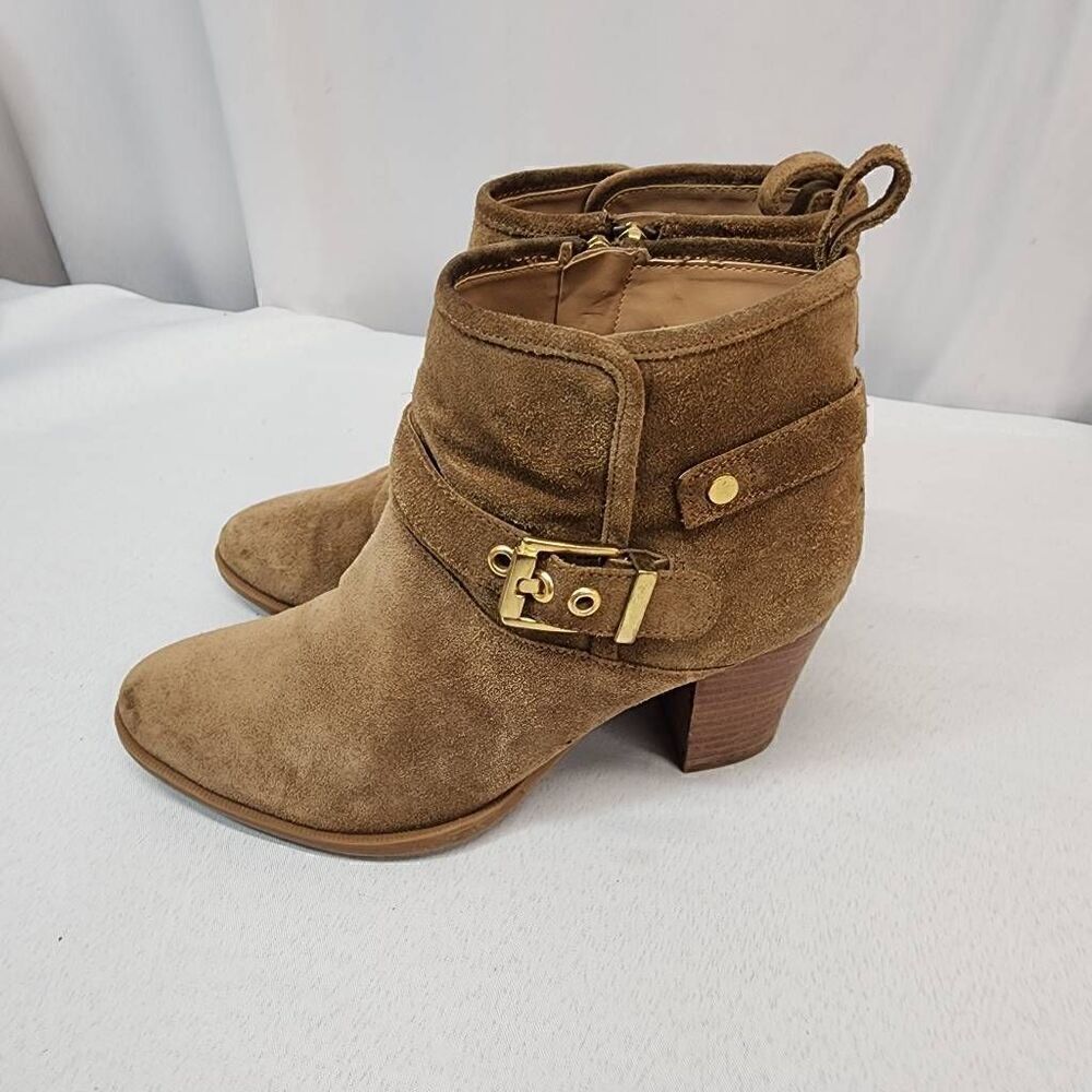 Franco Sarto Size 6.5 Women's Dorinda Suede Ankle Booties Cognac Buckle block He - Picture 6 of 10